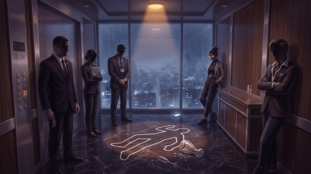 Une cabine d'ascenseur panoramique au-dessus de la ville sous la pluie : la silhouette d'un corps tracée au sol, un trophée en cristal brisé, et les suspects adossés aux parois