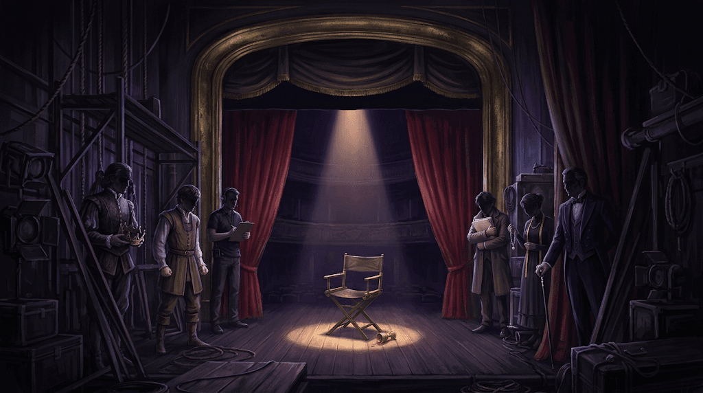 La scène d'un vieux théâtre dans la pénombre : une chaise de metteur en scène vide sous la poursuite, une coupe renversée à ses pieds, et la troupe qui attend dans les coulisses