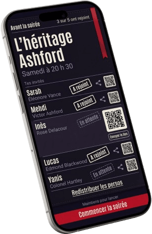 Téléphone de l'hôte avant la soirée : la liste des invités avec leur personnage, qui a déjà rejoint, et un QR code par invité