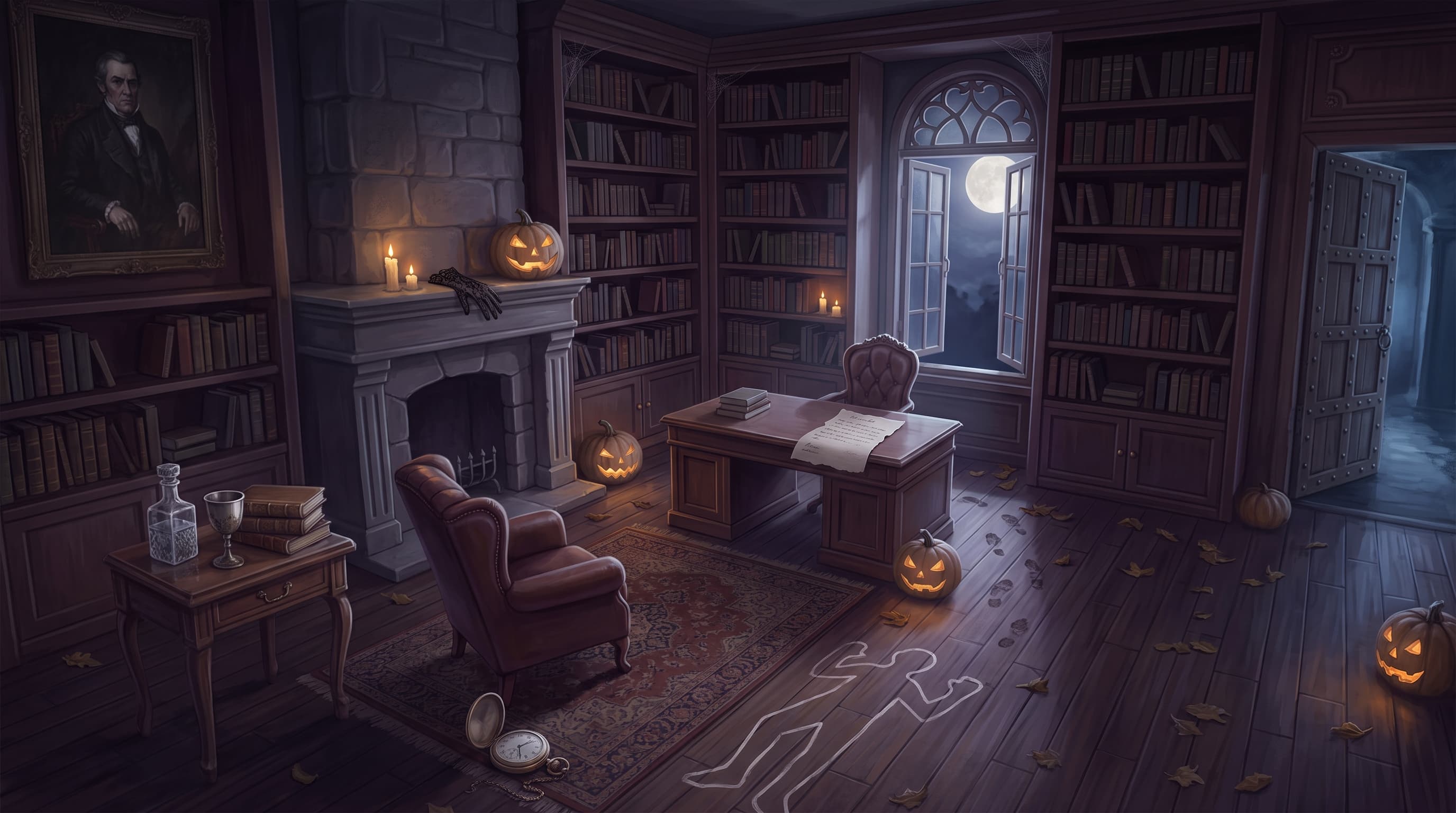 Le lieu du crime : la bibliothèque d'un manoir, la nuit d'Halloween. Une silhouette tracée à la craie sur le parquet, des citrouilles allumées, une fenêtre ouverte sur la pleine lune.